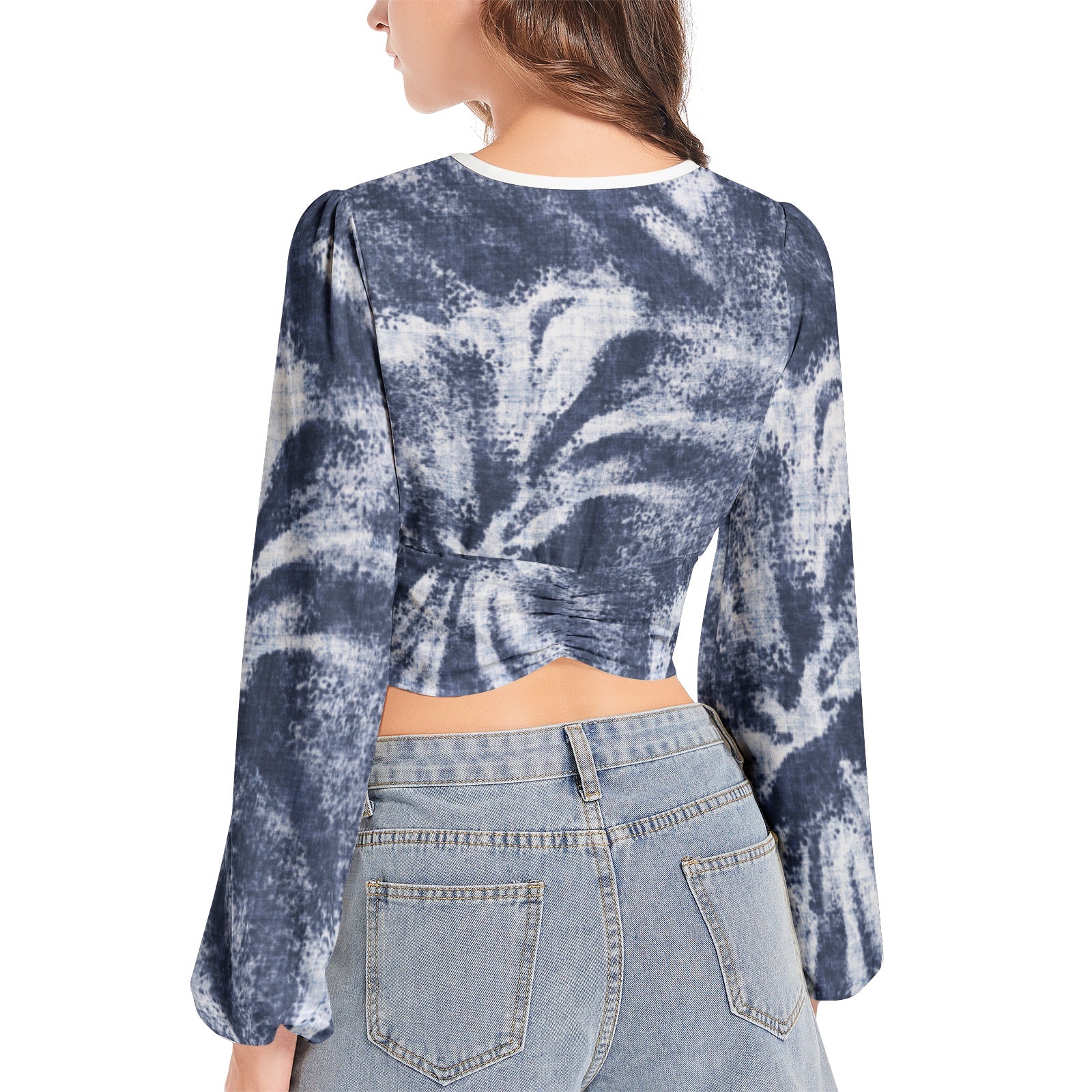 Women's Deep V-Neck Lantern Sleeve Crop Top