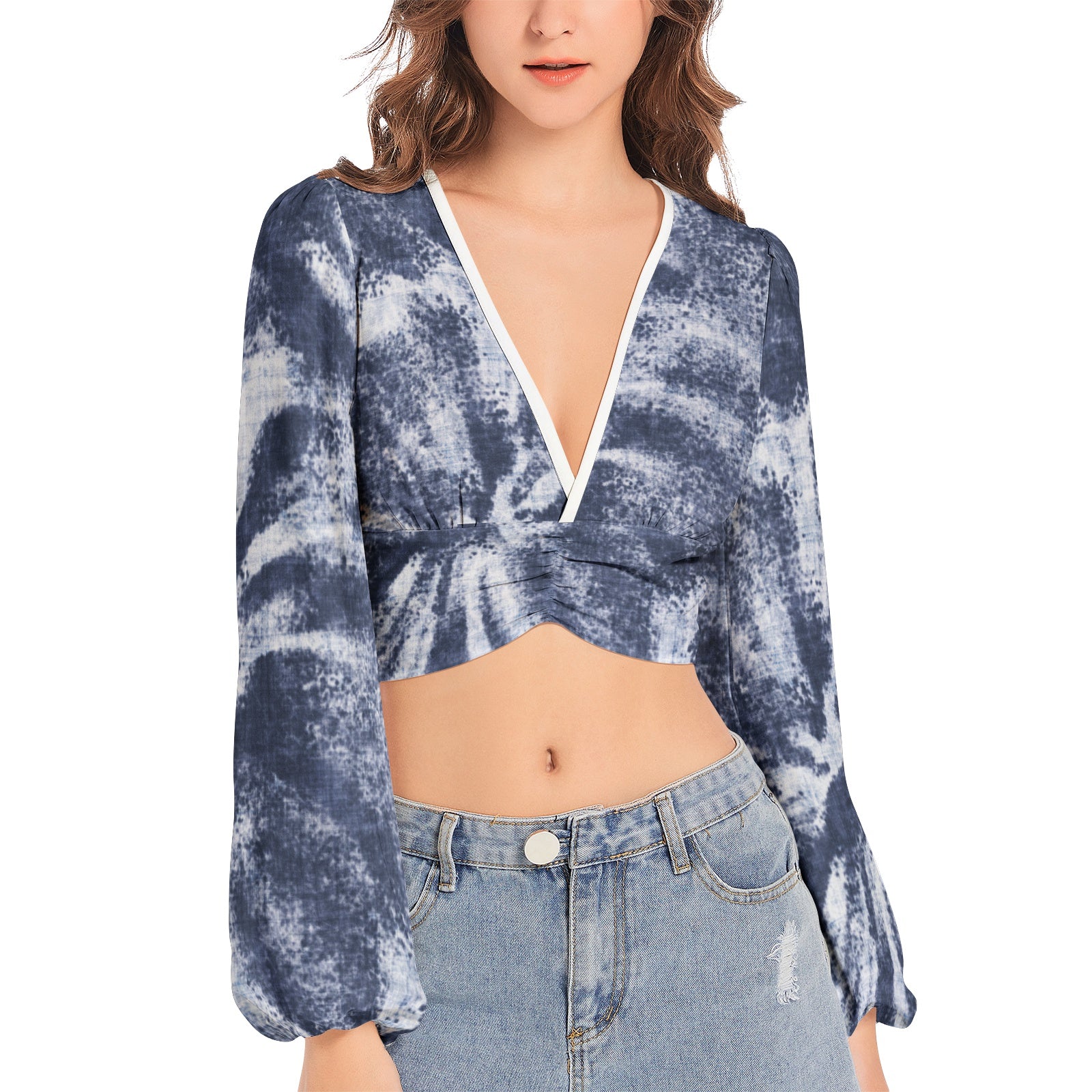 Women's Deep V-Neck Lantern Sleeve Crop Top