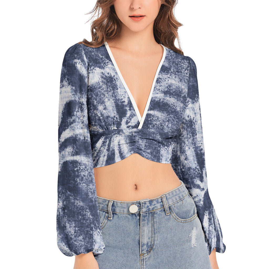Women's Deep V-Neck Lantern Sleeve Crop Top