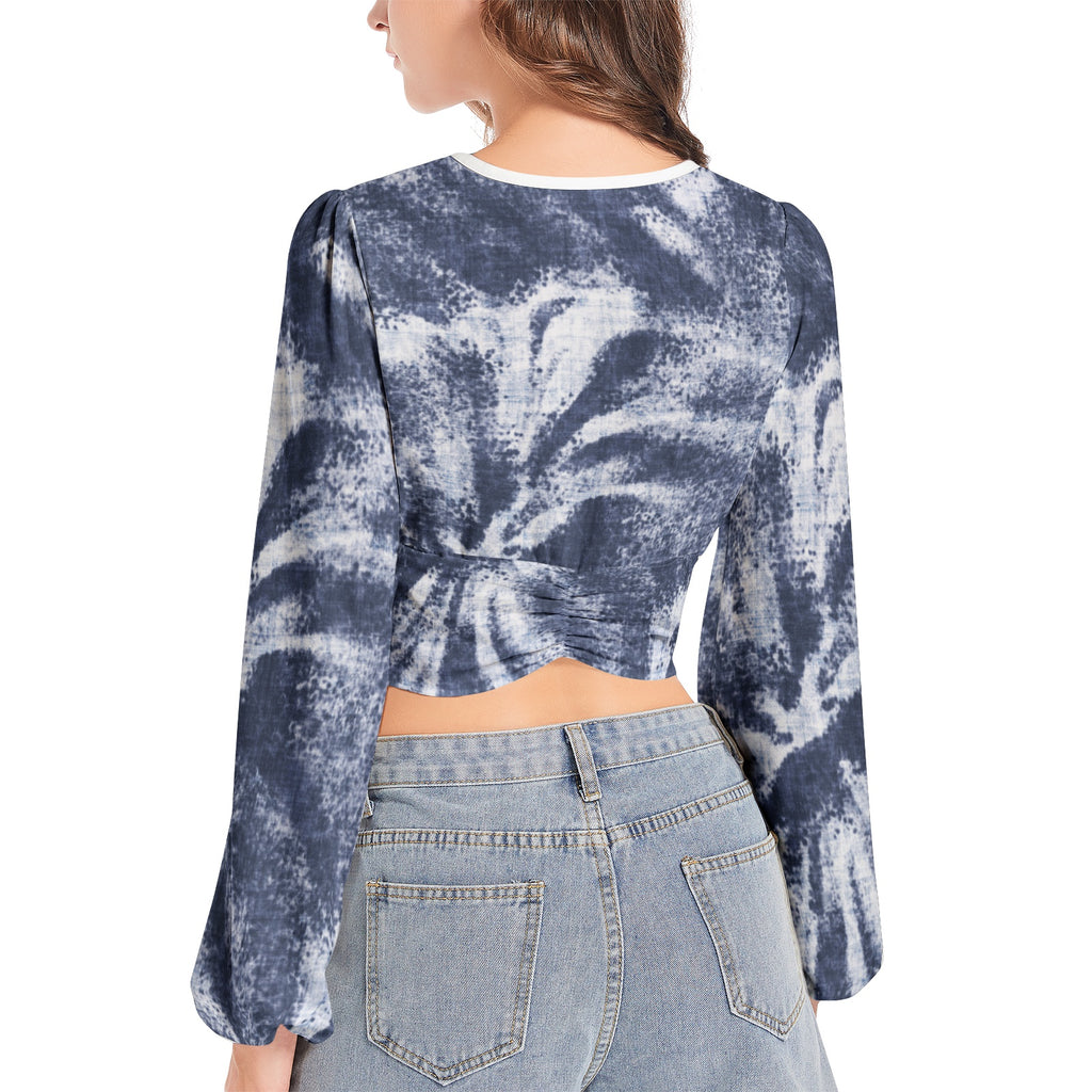 Women's Deep V-Neck Lantern Sleeve Crop Top